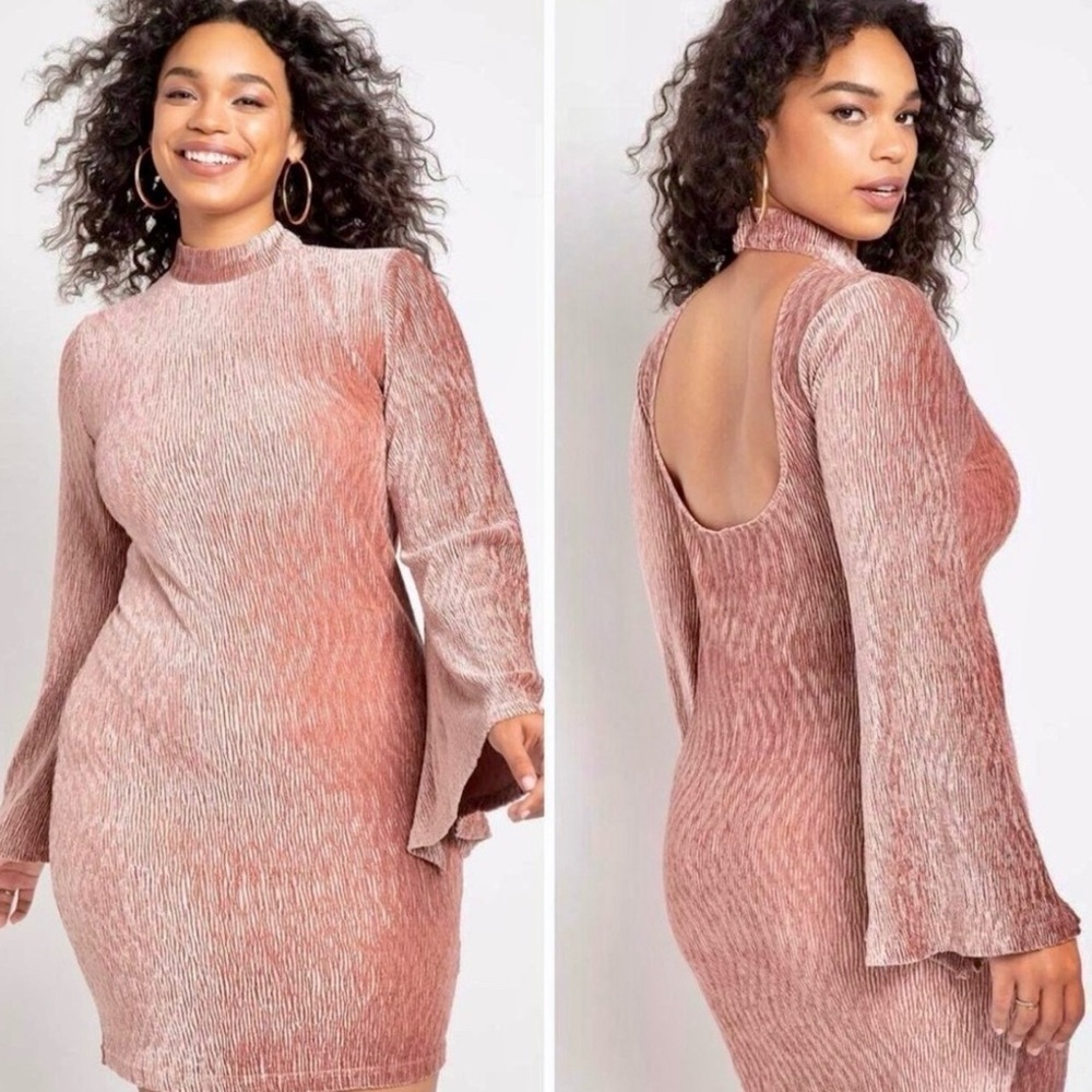 ELOQUII Y2K Flare Bell Sleeve Stretch Rose colored rib Velvet Dress size…